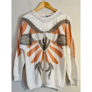 Vintage 80s KABRI White Orange Multi Media Knit Sweater Womens Medium Retro